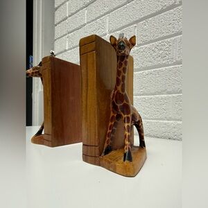 Vintage Hand Carved Wooden Giraffe Bookends Sculpture Africa Kenya (x2)